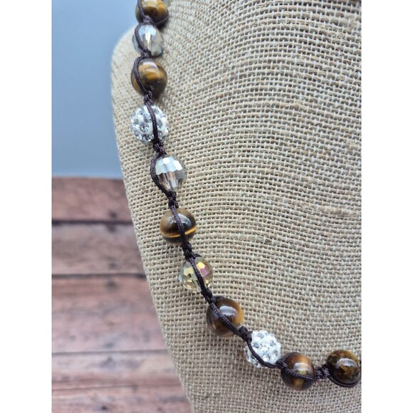 NWOT Tiger's Eye Shamballa & Faceted Crystal Boho Cord Necklace One Size Unisex - Picture 6 of 10